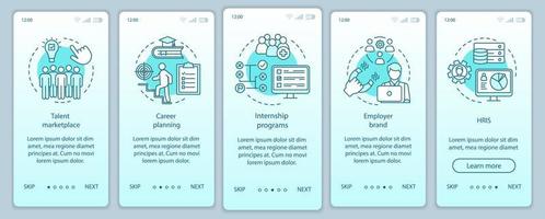 modèle de vecteur d'écran de page d'application mobile d'intégration de gestion des talents. marché. hris, programme de stages. étapes du site Web pas à pas, illustrations linéaires. concept d'interface de smartphone ux, ui, gui