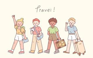 les gens à la mode estivale marchent joyeusement avec des valises. vecteur