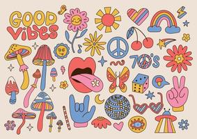 grand ensemble d'éléments groovy rétro des années 70, autocollants hippie funky mignons. fleurs de marguerite de dessin animé, champignons, signe de paix, lèvres, arc-en-ciel, collection hippie. symboles isolés de vecteur de dessin à la main positif.