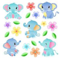 mignons adorables bébés éléphants et ensemble floral vecteur
