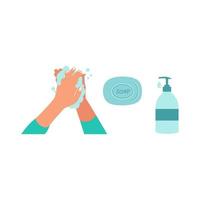 lavage des mains. une bouteille de savon antibactérien liquide avec un distributeur et un morceau de savon. désinfectant hydratant. le concept de désinfection, d'hygiène, de soins de la peau. illustration vectorielle dans un style plat
