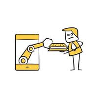homme d'affaires et bras robotique dans l'illustration de thème de doodle jaune smartphone vecteur