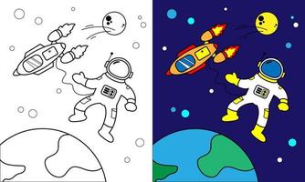 feuille de coloriage d'aventure spatiale d'astronaute. adapté aux produits pour enfants vecteur