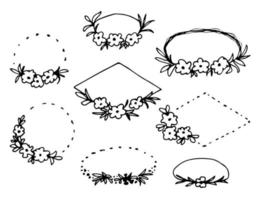 beau cadre floral à motifs, couronne. contour noir d'une fleur, feuilles. impression d'étiquettes, cosmétiques, salon de beauté, boutique, cartes d'invitation. ensemble vectoriel de dessin à la main à l'encre.