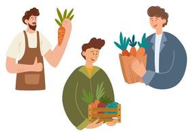 Les agriculteurs. mans avec récolte agricole biologique. tenant des légumes frais. travailleurs agricoles souriants avec portrait de carotte. illustration vectorielle plane vecteur