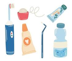 outils de soins dentaires. brosse à dents, dentifrice, fil dentaire, brosse à dents électrique. produit pour nettoyer les dents. concept abstrait de soins dentaires et bucco-dentaires. illustration de dessin animé de vecteur