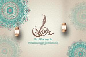eid mubarak fond papier brun doux et mandala vert avec ornement lanterne vecteur premium