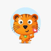 tigre mignon avec illustration de dessin animé main signe d'amour vecteur