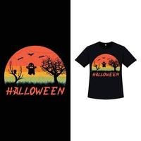 conception de t-shirt de couleur rétro halloween avec un fantôme effrayant et des arbres morts. conception de t-shirt effrayant d'halloween avec une couleur vintage et un hibou effrayant. design de mode effrayant pour halloween. vecteur