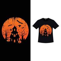 conception de t-shirt de couleur blanche halloween avec une maison hantée. conception de silhouette d'élément halloween avec lanterne citrouille, chauve-souris et maison hantée. conception de t-shirt effrayant pour l'événement d'halloween. vecteur