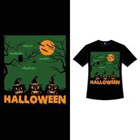 conception de t-shirt de couleur rétro halloween avec trois lanternes de citrouille. conception de vêtements de mode halloween avec une lune, une citrouille, un arbre mort et une calligraphie. conception effrayante de t-shirt de couleur vintage pour halloween. vecteur