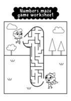 feuille de travail de jeu de labyrinthe de chiffres en noir et blanc pour les enfants d'âge préscolaire. jeu de labyrinthe de nombres. exercices d'apprentissage des nombres. vecteur