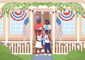 famille heureuse célébrant l'illustration vectorielle de couleur plate de la fête de l'indépendance vecteur