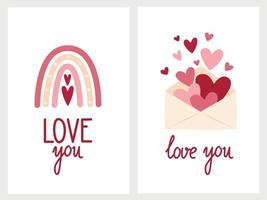 lot de 2 jolies cartes postales romantiques avec arc-en-ciel et lettre d'amour de la Saint-Valentin, invitation, affiche aux couleurs douces vecteur