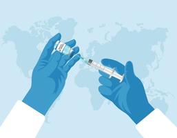 création d'illustration vectorielle du vaccin covid-19 et de la seringue dans la main du médecin pour la prévention ou la lutte contre le coronavirus. vecteur