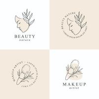 modèle de conception de logo de maquillage de beauté. les femmes dessinées à la main font face et brossent le maquillage avec une belle feuille. vecteur