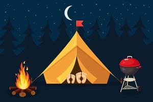 paysage nocturne avec tente, feu de camp, forêt. camp d'été, tourisme nature. concept de camping ou de randonnée. conception de vecteur