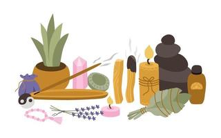 sujets pour la pratique du yoga et de la méditation, le repos et la relaxation. bâtons de palo santo, sauge, aromathérapie, cristaux, chapelets, bougies, lavande, huile, yin yang, aloès, pierres. illustration vectorielle. vecteur