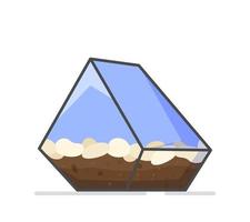 illustration vectorielle d'un pot de verre triangle. isolé sur fond blanc triangle de serre pot en verre avec des pierres et de la terre à l'intérieur.