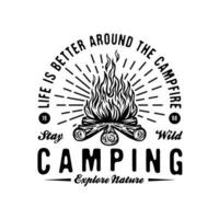camping vintage feu de camp en plein air emblème vecteur