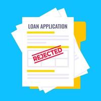 formulaire de crédit ou de prêt rejeté avec dossier et formulaire de réclamation dessus, feuilles de papier isolées sur fond bleu clair. vecteur