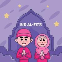 jolie illustration de dessin animé de garçons et de filles musulmans, heureux d'accueillir l'aïd al-fitr ramadan pour les bannières, les brochures, les autocollants vecteur