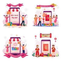 concept de magasinage du nouvel an chinois, ventes et remises. avec une fille et un garçon tenant un mégaphone près d'un grand smartphone. vecteur plat