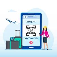 un passeport et un smartphone avec un certificat de vaccination contre la maladie covid-19. concept de passeport santé. Voyager à travers le monde. vecteur plat