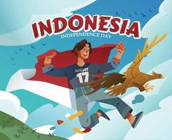 un garçon et un aigle portent le drapeau indonésien vecteur