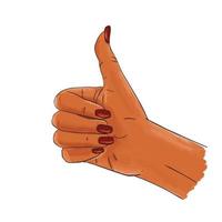 geste de la main, pouce levé, croquis pop art. main afro-américaine féminine dessinée à la main avec des ongles roses. autocollant, illustration vectorielle de conception d'impression isolée sur fond blanc. vecteur