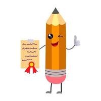 un crayon de dessin animé heureux se tient avec une lettre dans ses mains. le crayon drôle humanisé sourit.