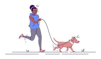 jogging femme avec illustration vectorielle plane chien. remise en forme, activité sportive. jolie fille afro-américaine courant avec des personnages de dessins animés isolés pour animaux de compagnie avec des éléments de contour sur fond blanc vecteur