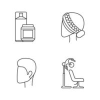 ensemble d'icônes linéaires de coiffure. services de salon de coiffure. laque et gel coiffant, sèche-cheveux sur pied, coiffure homme et femme. symboles de contour de ligne mince. illustrations vectorielles isolées. trait modifiable vecteur