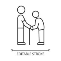 les personnes âgées aident l'icône linéaire. responsabilité bénévole auprès des personnes âgées. l'homme tient l'aîné par les mains. illustration de la ligne mince. symbole de contour. dessin de contour isolé de vecteur. trait modifiable vecteur