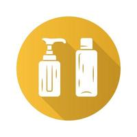 conteneurs réutilisables vides design plat icône de glyphe à longue ombre.bouteilles de shampoing et de savon pour le voyage. hygiène personnelle, produits d'auto-soins. matériel de voyage. illustration vectorielle silhouette vecteur