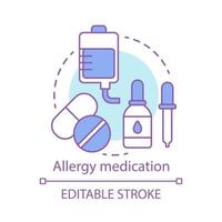 icône de concept de médicament contre les allergies. illustration de la ligne mince de l'idée d'utilisation des médicaments antihistaminiques. soulager les symptômes d'allergie. traitement avec des pilules et des gouttes. dessin de contour isolé de vecteur. trait modifiable vecteur