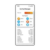 modèle de vecteur d'interface de smartphone d'organisateur de ravitaillement de voiture. mise en page de conception de couleur de page d'application mobile. écran de la liste des types de carburant. interface utilisateur plate pour l'application. écran du téléphone du gestionnaire d'utilisation d'essence.