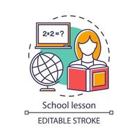 leçon d'école, icône de concept de processus d'apprentissage. connaissances gagnant idée illustration de la ligne mince. l'enseignement élémentaire. globe et étudiant avec dessin de contour isolé de vecteur de livre. trait modifiable