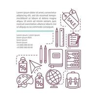 modèle de vecteur de page d'article de vente de fournitures scolaires. offres de réduction. brochure, magazine, élément de conception de livret avec icônes linéaires et zones de texte. design d'impression. illustrations de concept avec espace de texte ..