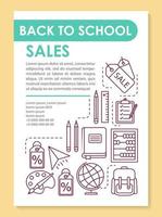 mise en page du modèle de brochure de vente de papeterie scolaire. offres de réduction. dépliant, livret, conception d'impression de dépliant avec illustrations linéaires. mises en page vectorielles pour magazines, rapports annuels, affiches publicitaires vecteur