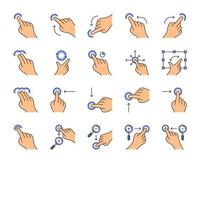 jeu d'icônes de couleur de gestes d'écran tactile. tapotez, pointez, tapotez 2x, cliquez 3x en faisant des gestes. feuilleter, geste de zoom. défilement vertical, horizontal vers le haut, vers le bas. faites glisser le doigt dans toutes les directions. illustrations vectorielles isolées vecteur