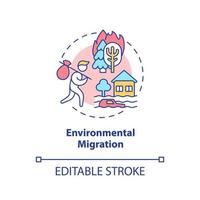 icône de concept de migration environnementale. échapper aux problèmes écologiques. illustration de la ligne mince de l'idée abstraite de la raison de la réinstallation. dessin de contour isolé. trait modifiable. arial, myriade de polices pro-gras utilisées vecteur