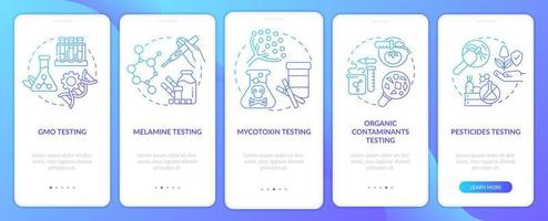 écran d'application mobile d'intégration de gradient bleu de test nutritionnel. pas à pas en 5 étapes pages d'instructions graphiques avec des concepts linéaires. ui, ux, modèle d'interface graphique. myriade de polices pro-gras régulières utilisées vecteur