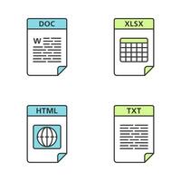 ensemble d'icônes de couleur de format de fichiers. fichiers texte, Web et de données. doc, xlsx, html, txt. illustrations vectorielles isolées vecteur