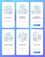 ensemble d'écrans d'application mobile d'intégration de gradient bleu de contrat d'achat d'électricité. pages d'instructions graphiques en 3 étapes avec des concepts linéaires. ui, ux, modèle d'interface graphique. une myriade de polices pro-gras régulières utilisées vecteur