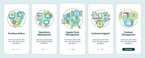 écran d'application mobile d'intégration d'automatisation d'entreprise. Procédure d'opérations autonomes Pages d'instructions graphiques en 5 étapes avec des concepts linéaires. ui, ux, modèle d'interface graphique. myriade de polices pro-gras régulières utilisées vecteur