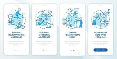 santé mentale dans l'écran de l'application mobile d'intégration bleue de l'enfance. pages d'instructions graphiques en 4 étapes avec des concepts linéaires. ui, ux, modèle d'interface graphique. une myriade de polices pro-gras régulières utilisées vecteur