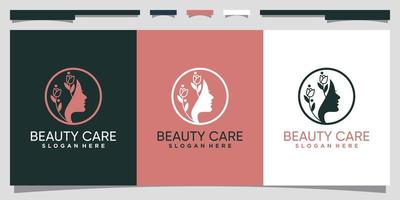 création de logo de soins de beauté avec visage de femme et vecteur premium de style dessin au trait