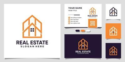 logo immobilier maison avec style d'art en ligne et conception de carte de visite vecteur premium