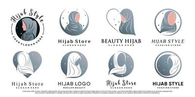 ensemble de modèle de conception de logo hijab avec visage de femme et vecteur premium élément créatif